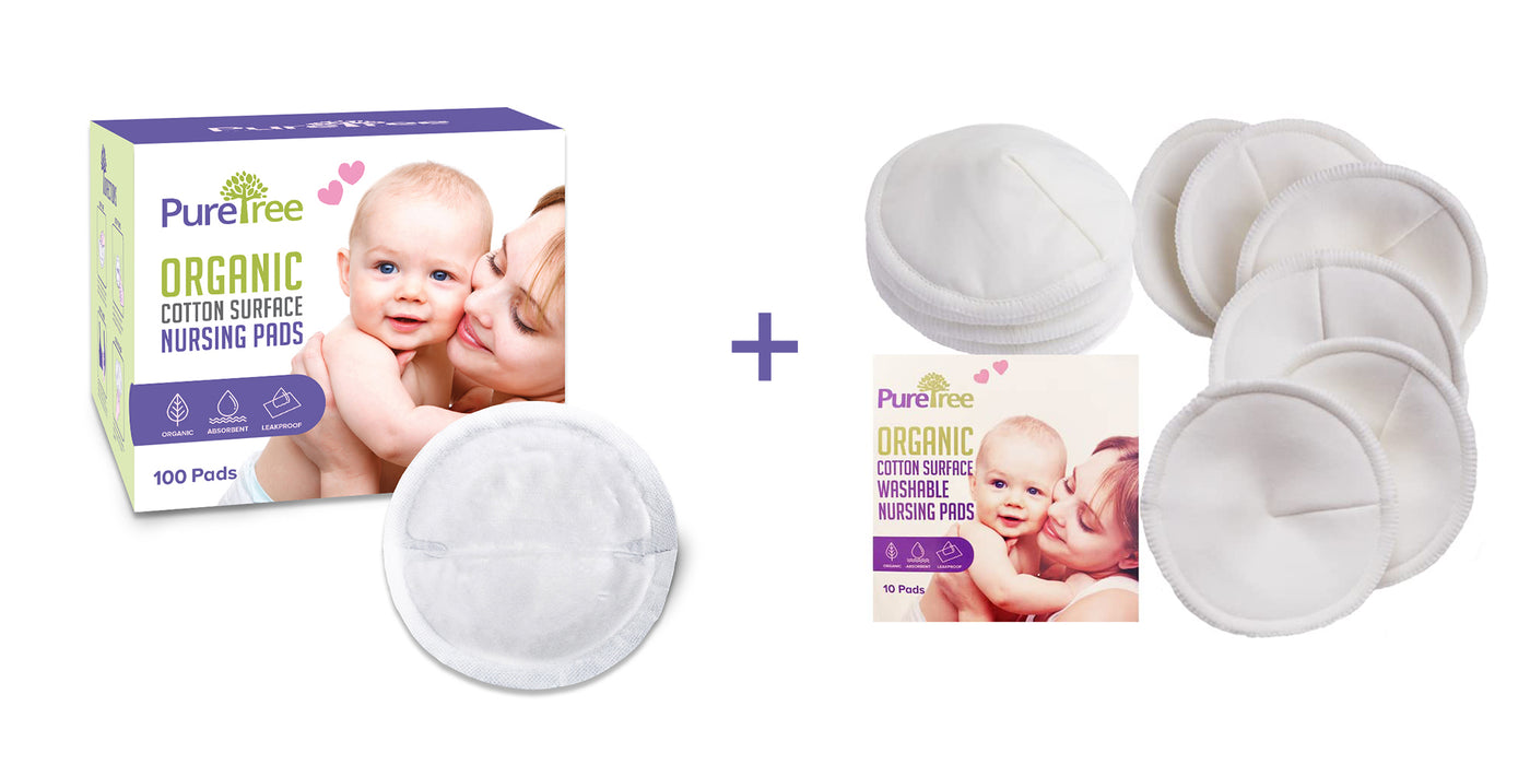PureTree Organic Cotton Nursing Pads Bundle - 100 Disposable Pads + 10 Reusable Pads