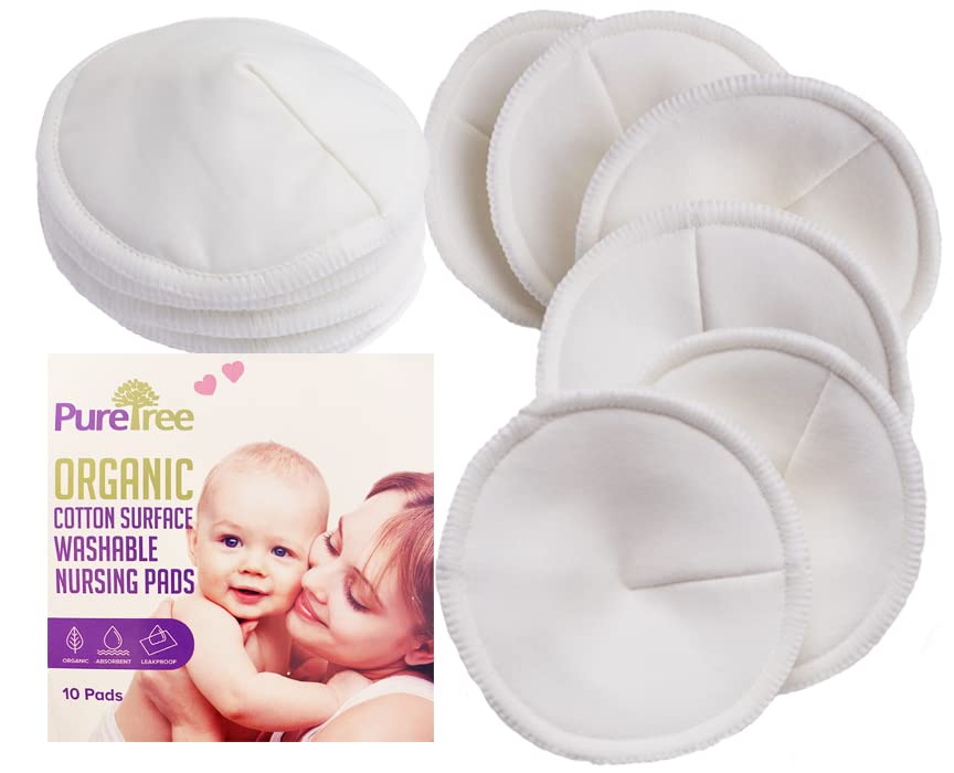 Organic Cotton Washable Nursing Pads - PureTree Reusable Breastfeeding Pads 4.5 Diameter (Pack of 10)